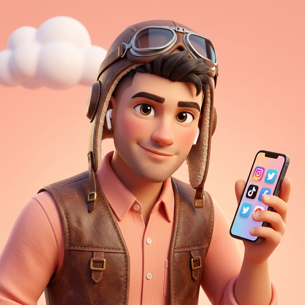 Mason — Pixar-style AI social media manager pilot portrait