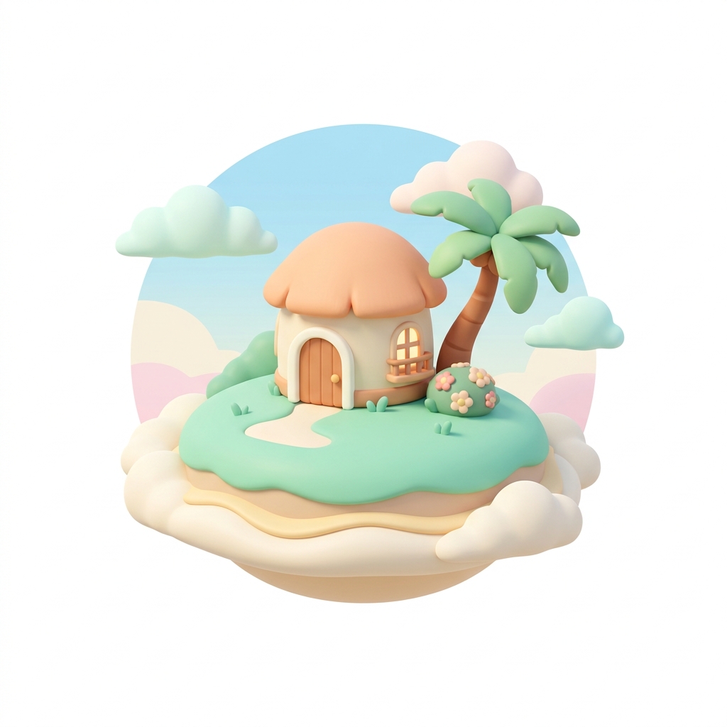 Tropical island home base — pastel cartoon icon